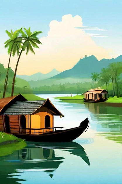 Illustration des backwaters du Kerala Alleppey bateau-maison et station de colline ai généré