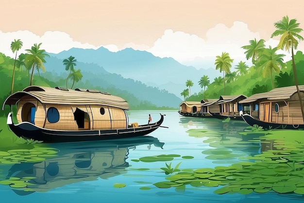 Illustration des backwaters du Kerala Alleppey bateau-maison et station de colline ai généré