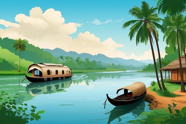 Photo illustration des backwaters du kerala alleppey bateau-maison et station de colline ai généré