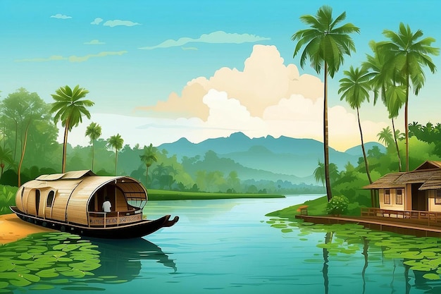 Illustration des backwaters du Kerala Alleppey bateau-maison et station de colline ai généré