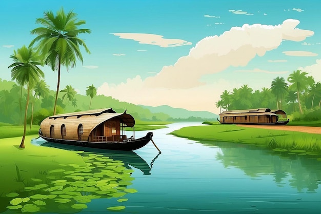 Illustration des backwaters du Kerala Alleppey bateau-maison et station de colline ai généré