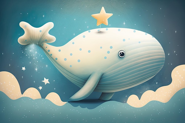 Illustration d'une baleine mignonne avec une grande étoile en toile de fond