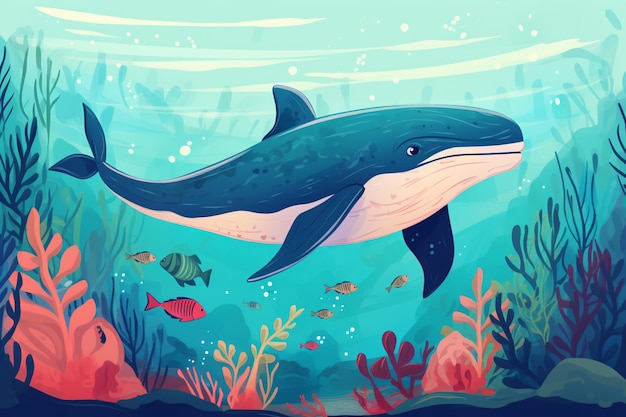 Illustration d'une baleine nageant dans l'océan entouré de coraux générative ai