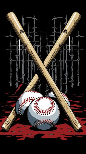 une illustration d'une balle de baseball et de deux battes de baseball croisées sur fond noir