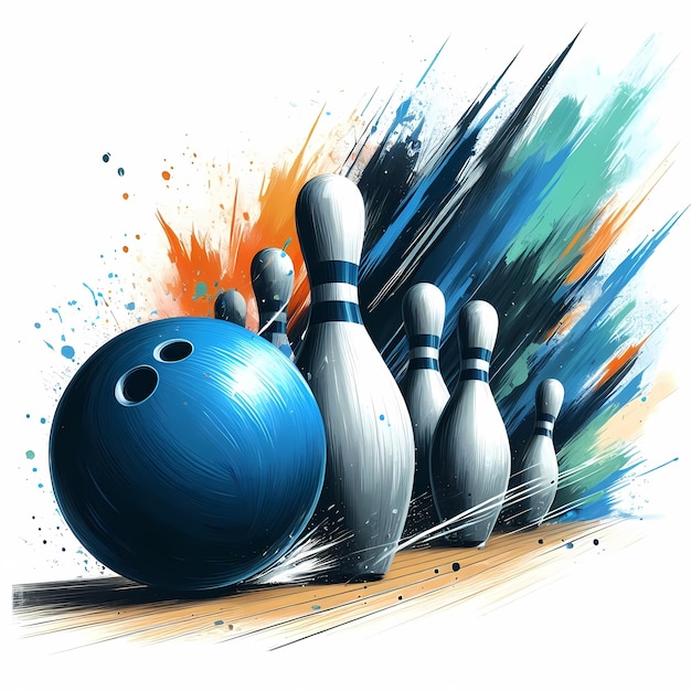Illustration d'une balle de bowling bleue s'écrasant contre les épingles et les faisant tomber