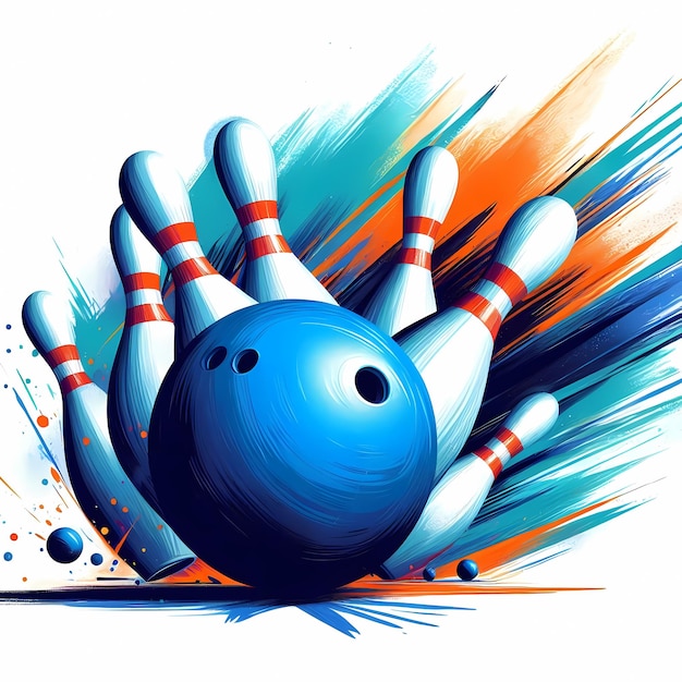 Photo illustration d'une balle de bowling bleue s'écrasant contre les épingles et les faisant tomber