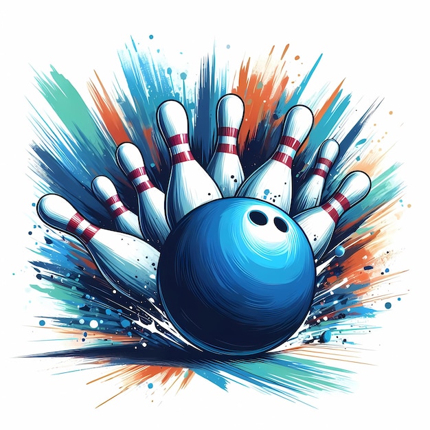 Photo illustration d'une balle de bowling bleue s'écrasant contre les épingles et les faisant tomber