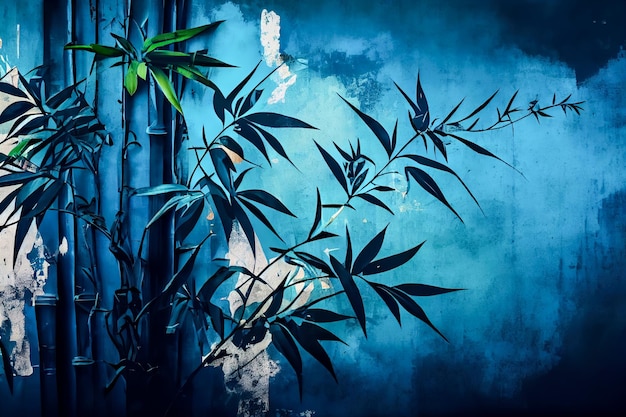 Illustration de bambou sur mur de béton bleu grunge AI générative AI générative