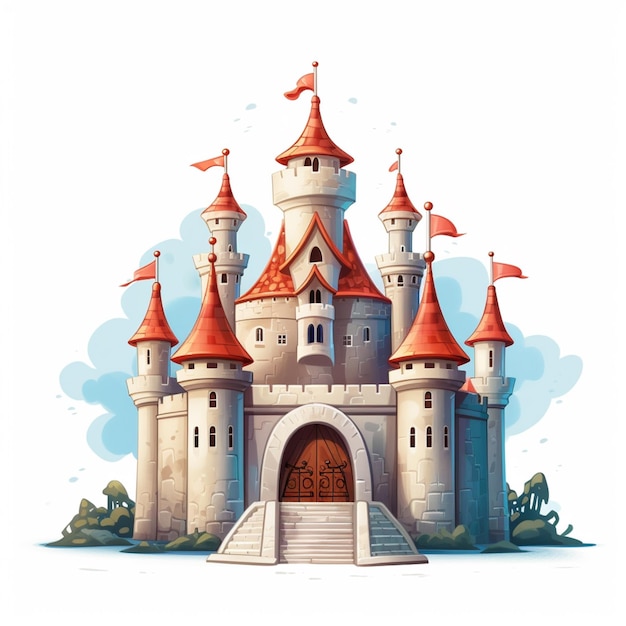 Une illustration de bande dessinée d'un château avec un toit rouge et un toit rouge.