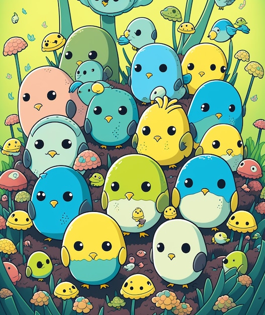 Une illustration de bande dessinée d'un groupe d'oiseaux avec une fleur jaune sur le fond.