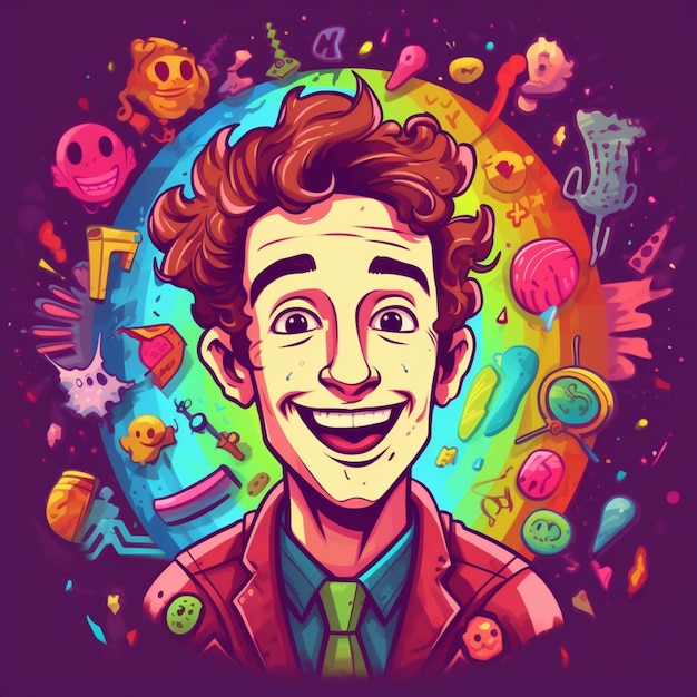 Illustration de bande dessinée d'un homme avec un sourire étrange entouré de divers objets ai génératif