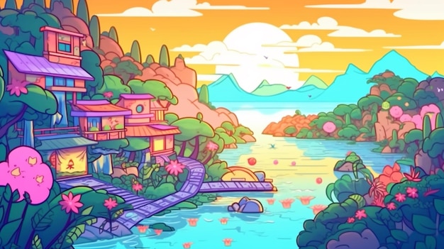 Une illustration de bande dessinée d'une maison avec un pont et un lac.