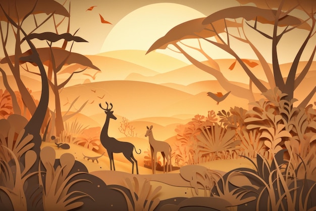 Une illustration de bande dessinée d'un paysage avec un cerf et une girafe.