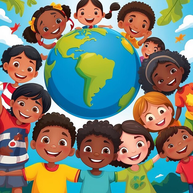 Illustration d'une bande dessinée pour enfants multiculturels sur la planète Terre