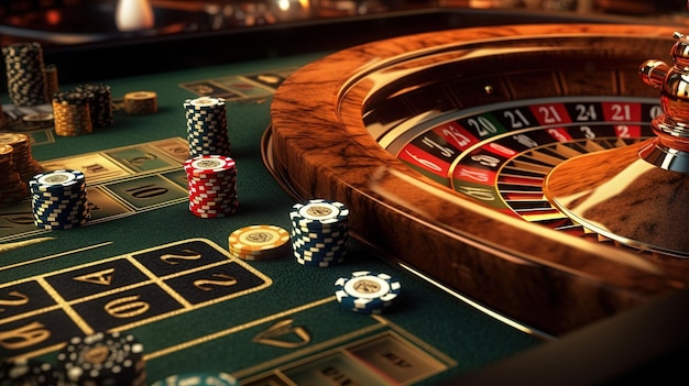 Photo illustration de bannière de toile de fond de jeux de casino avec roulette de craps de casino et cartes de poker