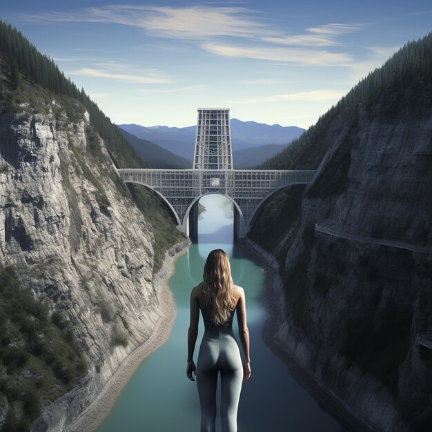 Photo illustration d'un barrage géant et d'une femme flottante géante sur un pont