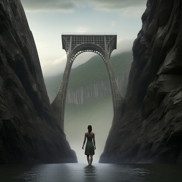 illustration d'un barrage géant et d'un pont photo de femme flottante géante