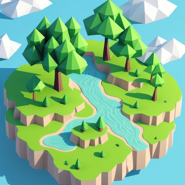 Une illustration basse poly d'une île avec des arbres et une rivière.