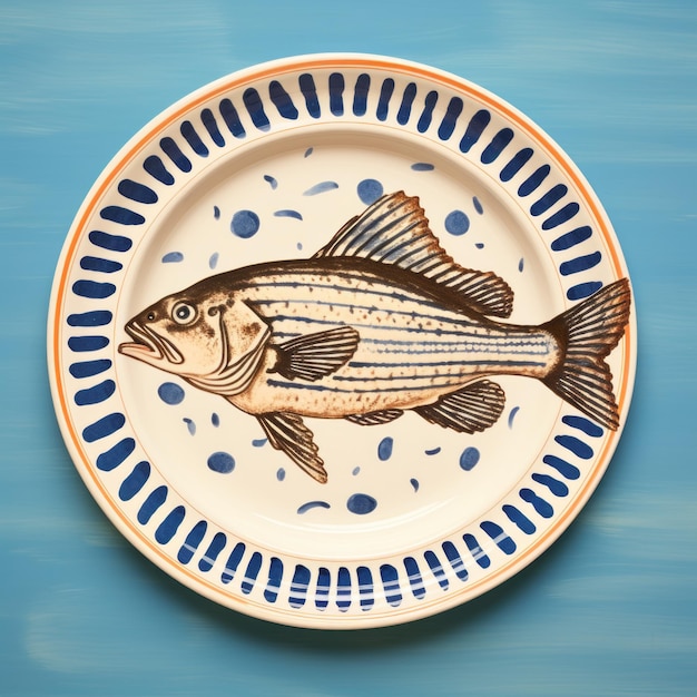 Illustration de la basse rayée sur plaque bleue Impression artistique de fruits de mer nautiques