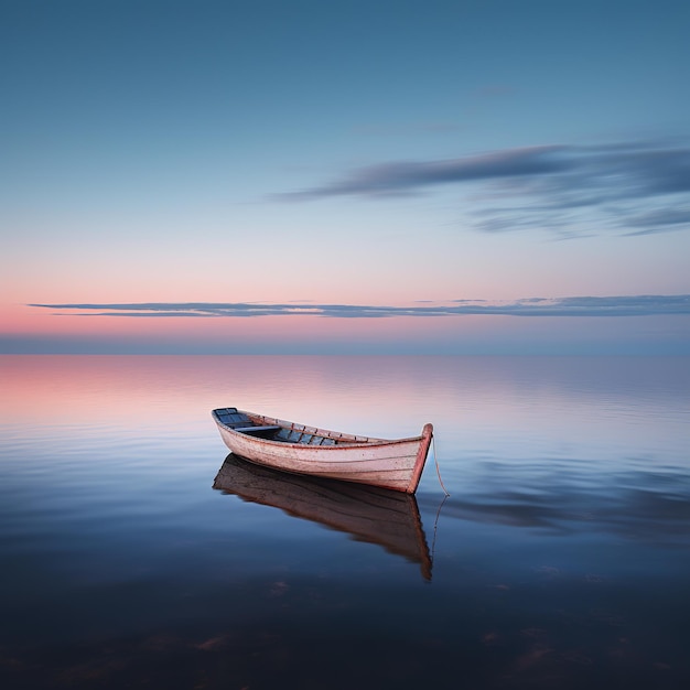 illustration d'un bateau seul sur une mer calme parfaite lumière douce même, génératif ai