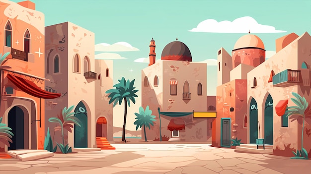 Illustration de bâtiment de maison de dessin animé de style arabe dessinée à la main