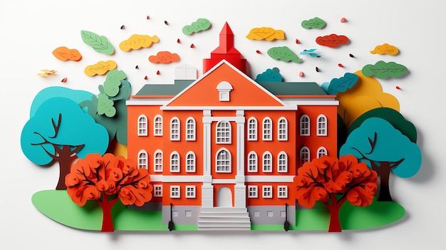 Illustration de bâtiment scolaire dans un style papier découpé sur fond isolé blanc