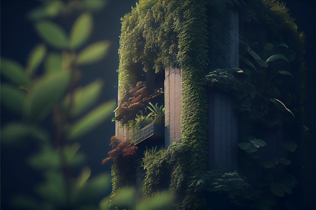 Illustration de bâtiments verts luxuriants envahis par la fin de l'ère humaine AI
