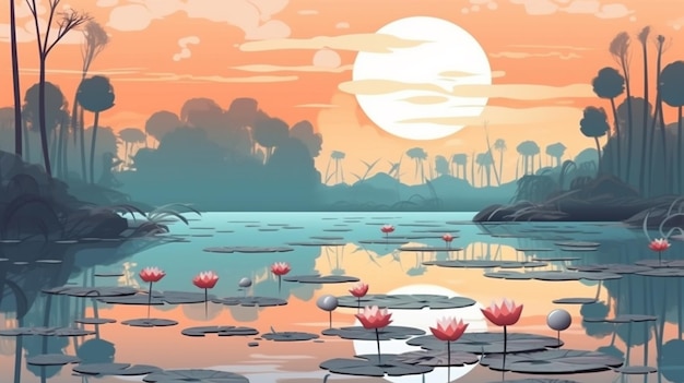 Illustration d'un beau coucher de soleil sur un lac avec des nénuphars ai générative