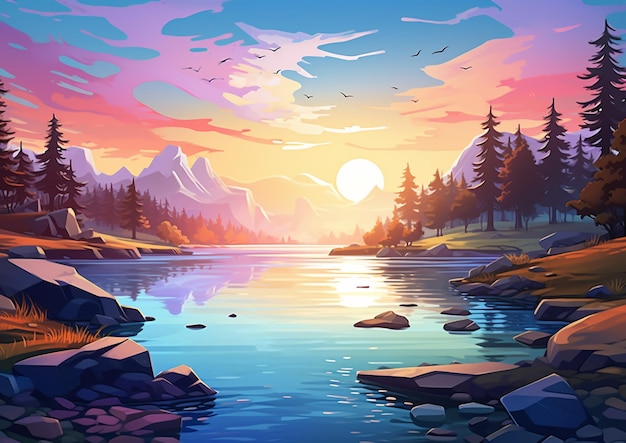 illustration d'un beau lac de montagne avec des rochers et des arbres génératifs ai