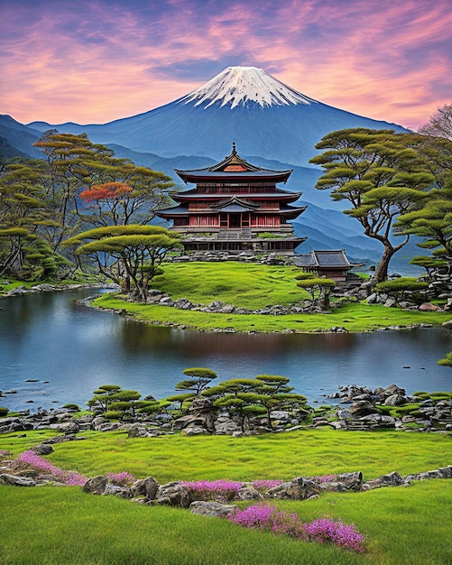 Illustration beau paysage typiquement japonais avec le Mont Fuji en arrière-plan créé avec ai