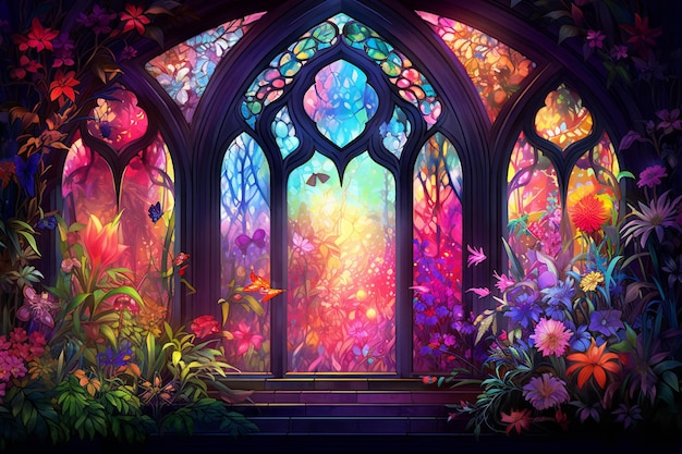 Illustration d'un beau vitrail dans une église avec des fleurs et des papillons