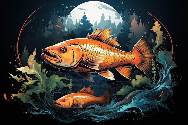 Illustration de beaux poissons sur le fond de la nature et du coucher de soleil IA générative