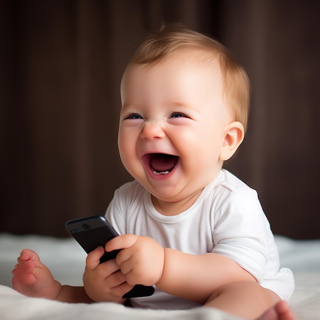 illustration d'un bébé mignon et heureux tenant un smartphone Rire Natura