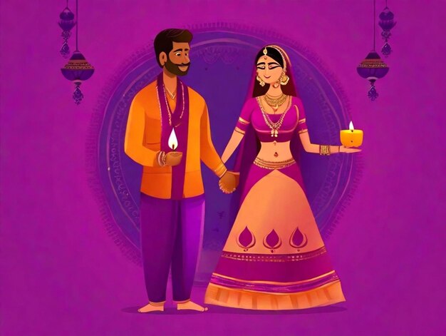 Photo illustration d'un bel homme et d'une belle femme indiens avec des vêtements traditionnels et une bougie à diwali