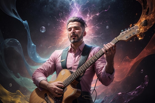 Illustration d'un bel homme jouant de la guitare et chantant sur fond de papier peint de couleur