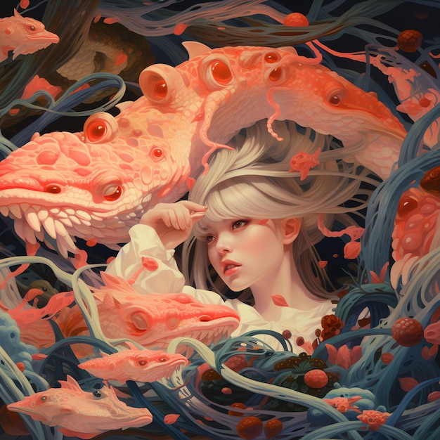 Photo illustration d'une belle femme avec un dragon serpent rose