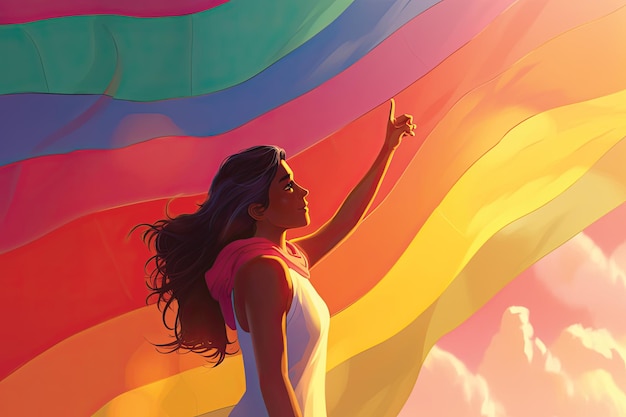 Illustration d'une belle femme avec un drapeau arc-en-ciel à la main