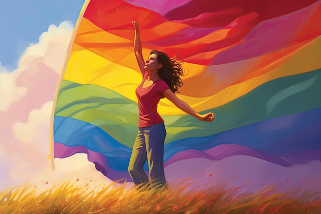 Illustration d'une belle femme avec un drapeau arc-en-ciel à la main