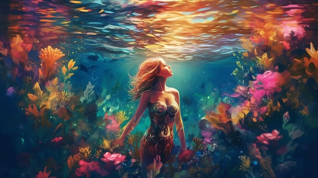 Photo illustration d'une belle femme avec des fleurs colorées sous l'eau bleue generative ai