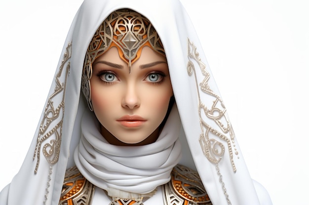 Photo une illustration d'une belle femme portant un foulard blanc avec des décorations en or