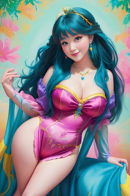 Illustration d'une belle fille asiatique aux cheveux bleus