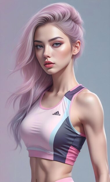 Illustration d'une belle fille aux cheveux roses dans une tenue sportive