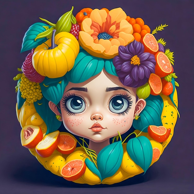 Illustration d'une belle fille dans un cadre de fruits à la conception ronde