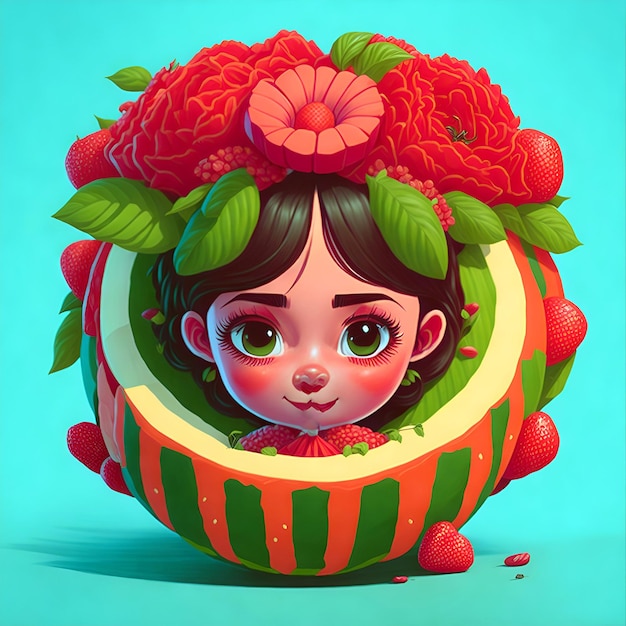 Illustration d'une belle fille dans un cadre de fruits à la conception ronde