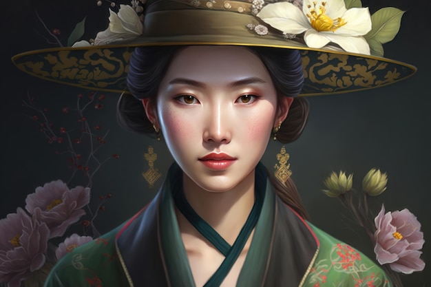 Illustration d'une belle fille portant un chapeau Chapeau traditionnel coréen décoré de fleurs Génération AI