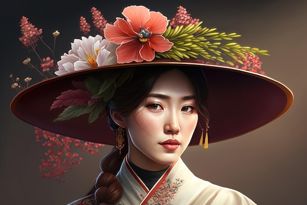 Illustration d'une belle fille portant un chapeau Chapeau traditionnel coréen décoré de fleurs Génération AI