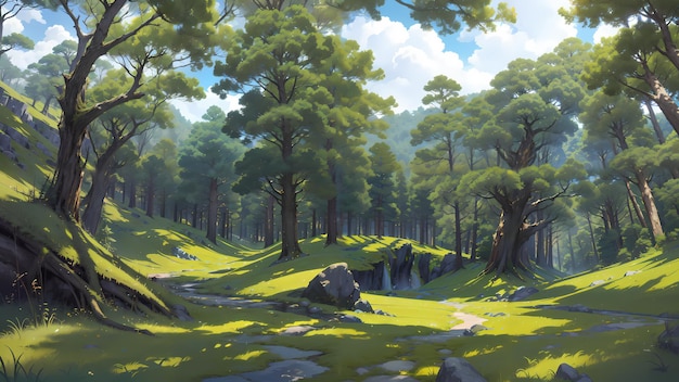 Illustration d'une belle forêt naturelle rurale dans l'animation de fond de style anime par alicewonderland