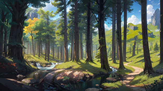 Illustration d'une belle forêt naturelle rurale dans l'animation de fond de style anime par alicewonderland