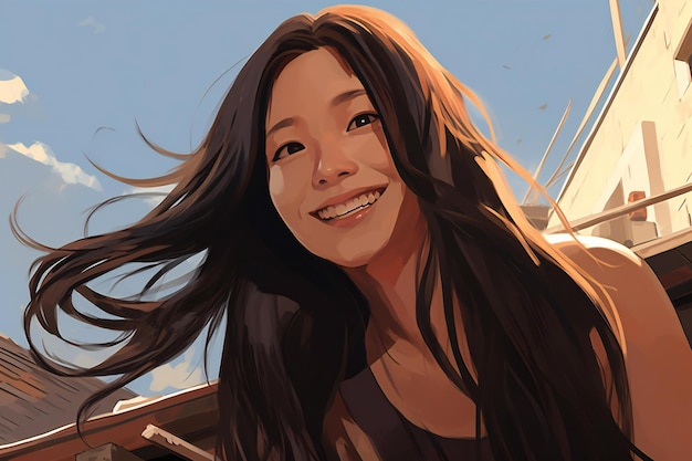 Photo illustration d'une belle jeune femme aux cheveux longs volant dans le vent
