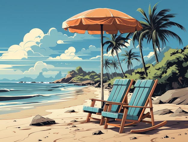 Illustration sur une belle plage avec transats et palmiers